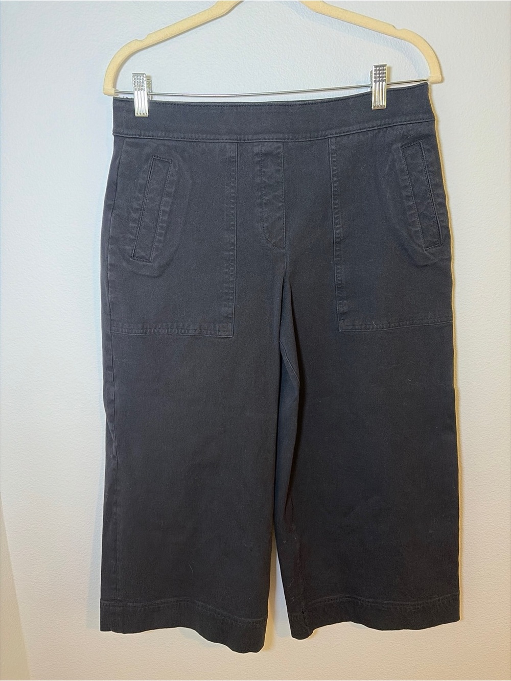 Spanx Women Petite Large Black Pull On Twill Cropped Wide Leg Pants Minimalist